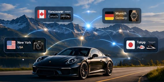 Black Porsche on a mountain road with listings pinned in Vancouver, Munich, New York and Tokyo